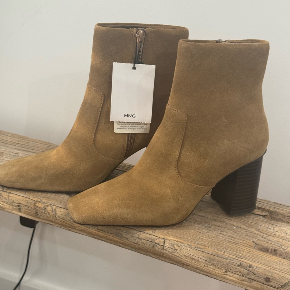 Mango Suede Chestnut Ankle Boots with Block Heel